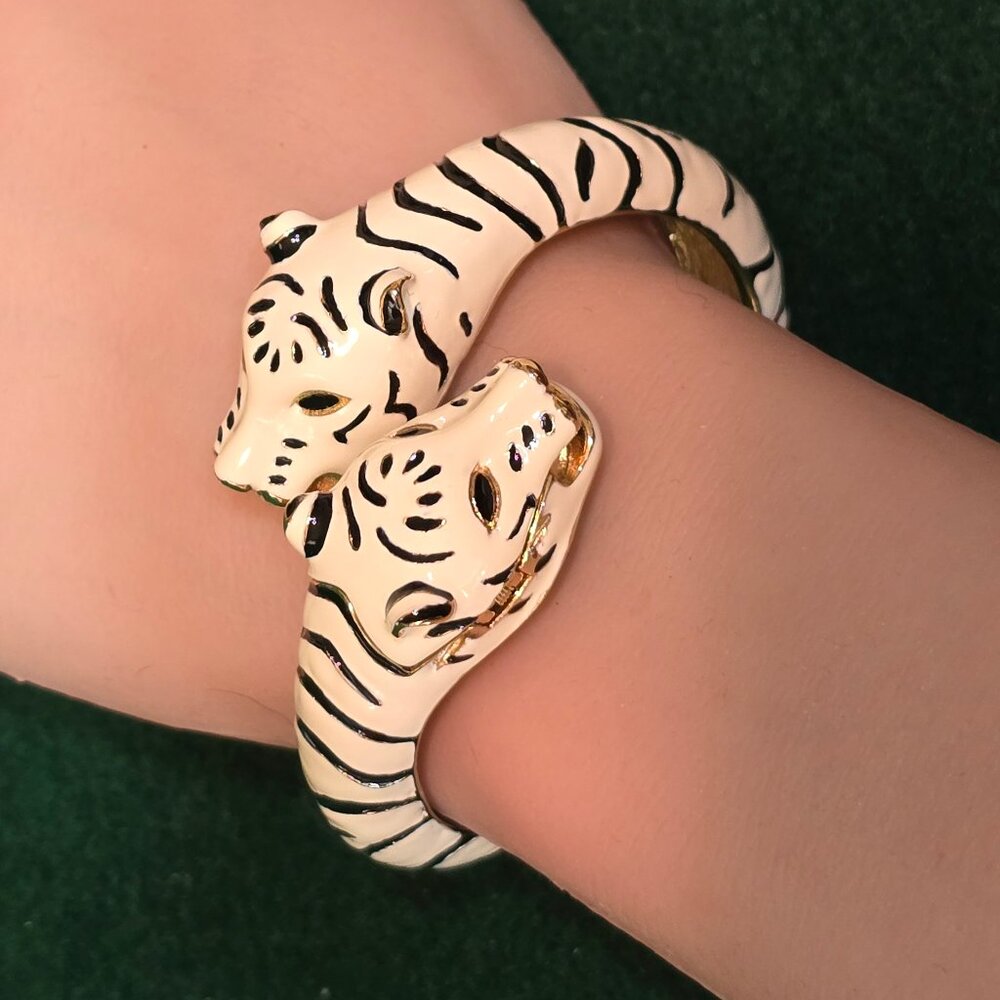 Kenneth Jay Lane Enamel Gold tone White Tiger Bangle Bracelet with Watch